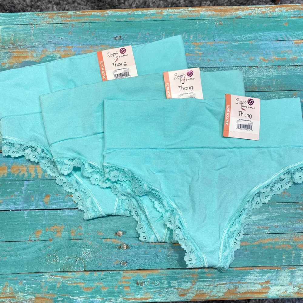 Secret Treasures Womens Wideband Thong Lace Trim Aqua Blue 3 Pack XS 0-2